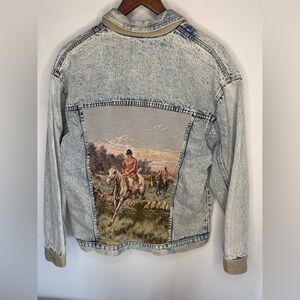 Vintage Light Wash Denim Jacket with Equestrian Foxhunt Tapestry Panel